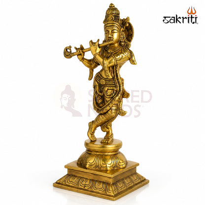 Sacred Needs Brass Krishna Idol – 15 Inch (38.1 cm) Height | Lord Krishna Statue for Temple, Pooja Room & Home Décor