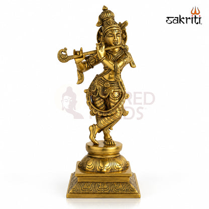 Sacred Needs Brass Krishna Idol – 15 Inch (38.1 cm) Height | Lord Krishna Statue for Temple, Pooja Room & Home Décor