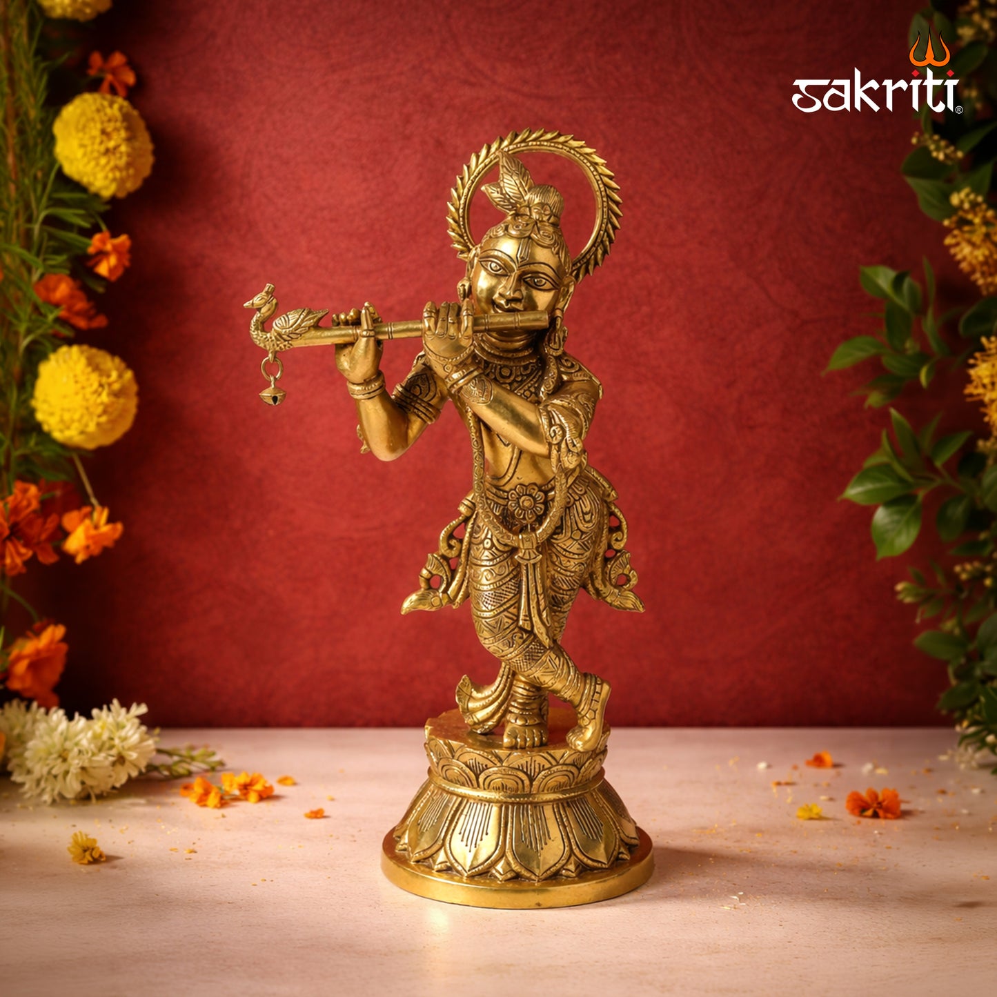 Sacred Needs Brass Krishna Idol – 15 Inch (38.1 cm) Height | Lord Krishna Statue for Temple, Pooja Room & Home Décor