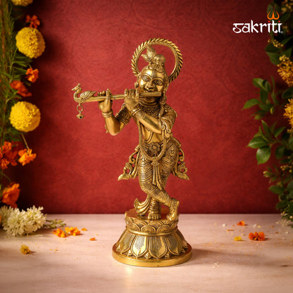 Sacred Needs Brass Krishna Idol – 15 Inch (38.1 cm) Height | Lord Krishna Statue for Temple, Pooja Room & Home Décor