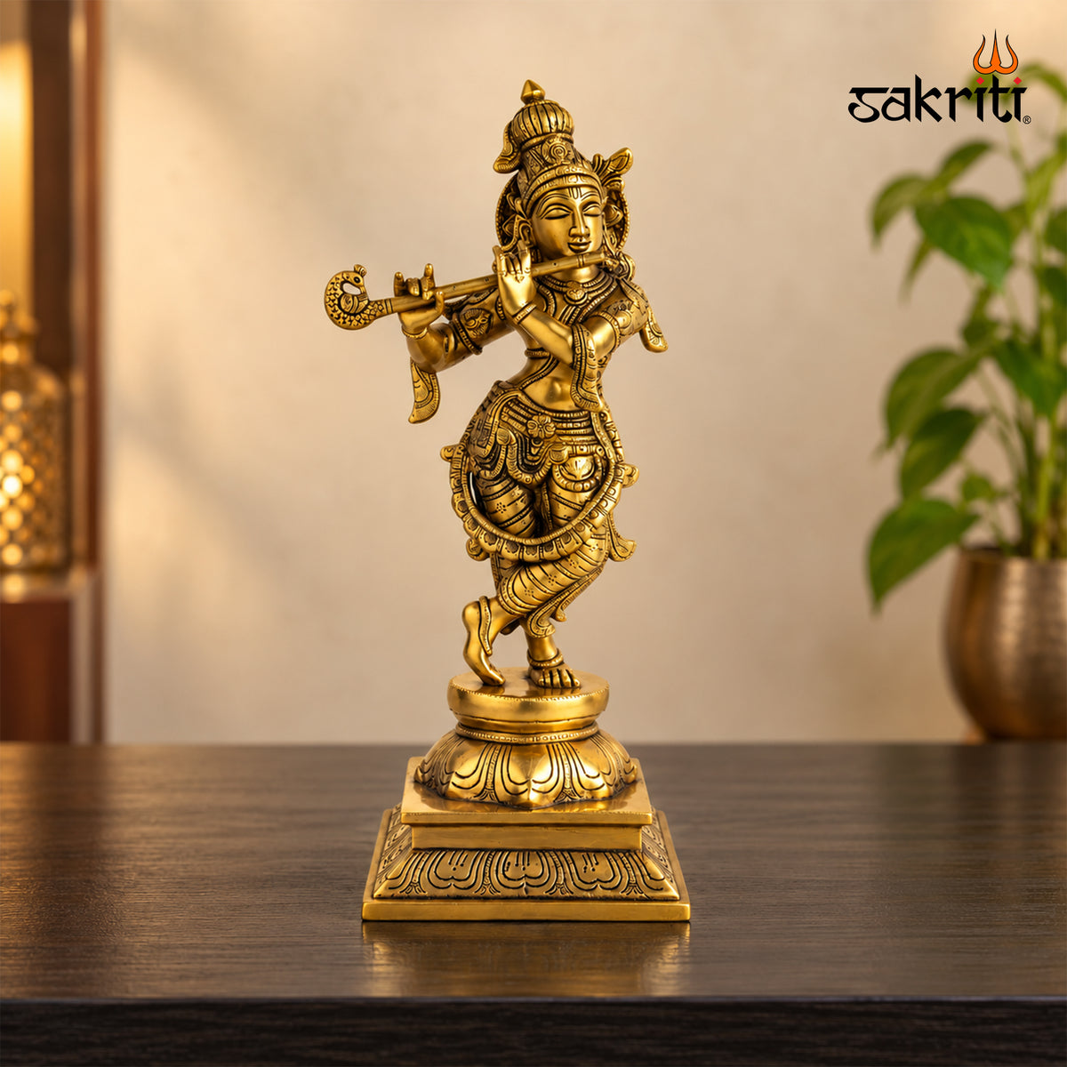 Sacred Needs Brass Krishna Idol – 15 Inch (38.1 cm) Height | Lord Krishna Statue for Temple, Pooja Room & Home Décor