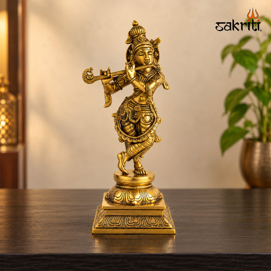 Sacred Needs Brass Krishna Idol – 15 Inch (38.1 cm) Height | Lord Krishna Statue for Temple, Pooja Room & Home Décor