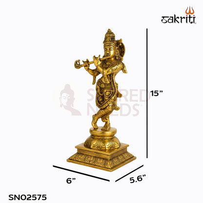 Sacred Needs Brass Krishna Idol – 15 Inch (38.1 cm) Height | Lord Krishna Statue for Temple, Pooja Room & Home Décor
