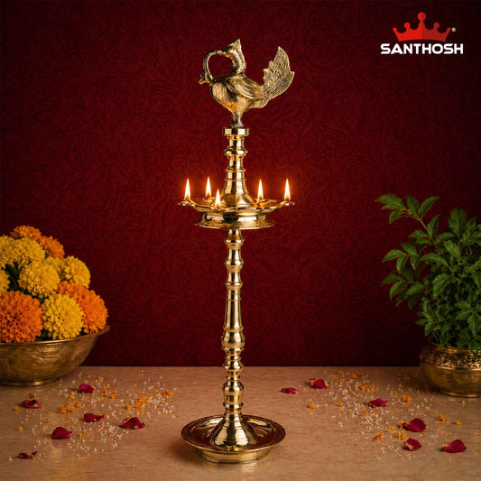 Sacred Needs Brass 7 Wick Annapakshi Vilakku – 59 Inch (149.9 cm) Height | Traditional Brass Standing Oil Lamp for Temple, Pooja & Festive Décor