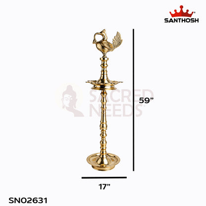 Sacred Needs Brass 7 Wick Annapakshi Vilakku – 59 Inch (149.9 cm) Height | Traditional Brass Standing Oil Lamp for Temple, Pooja & Festive Décor