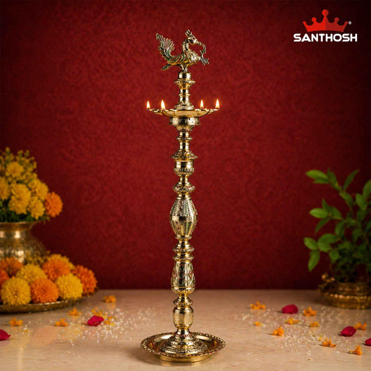 Sacred Needs Brass KMU Color Patta Kuthu Vilakku – 67 Inch (170.2 cm) Height | Traditional Brass Standing Lamp for Temple, Pooja & Festive Décor