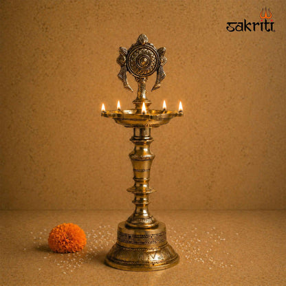Sacred Needs Brass Chakra Lamp – 11.8 Inch (30 cm) Height | Traditional Brass Deepam for Temple, Pooja Room & Spiritual Décor