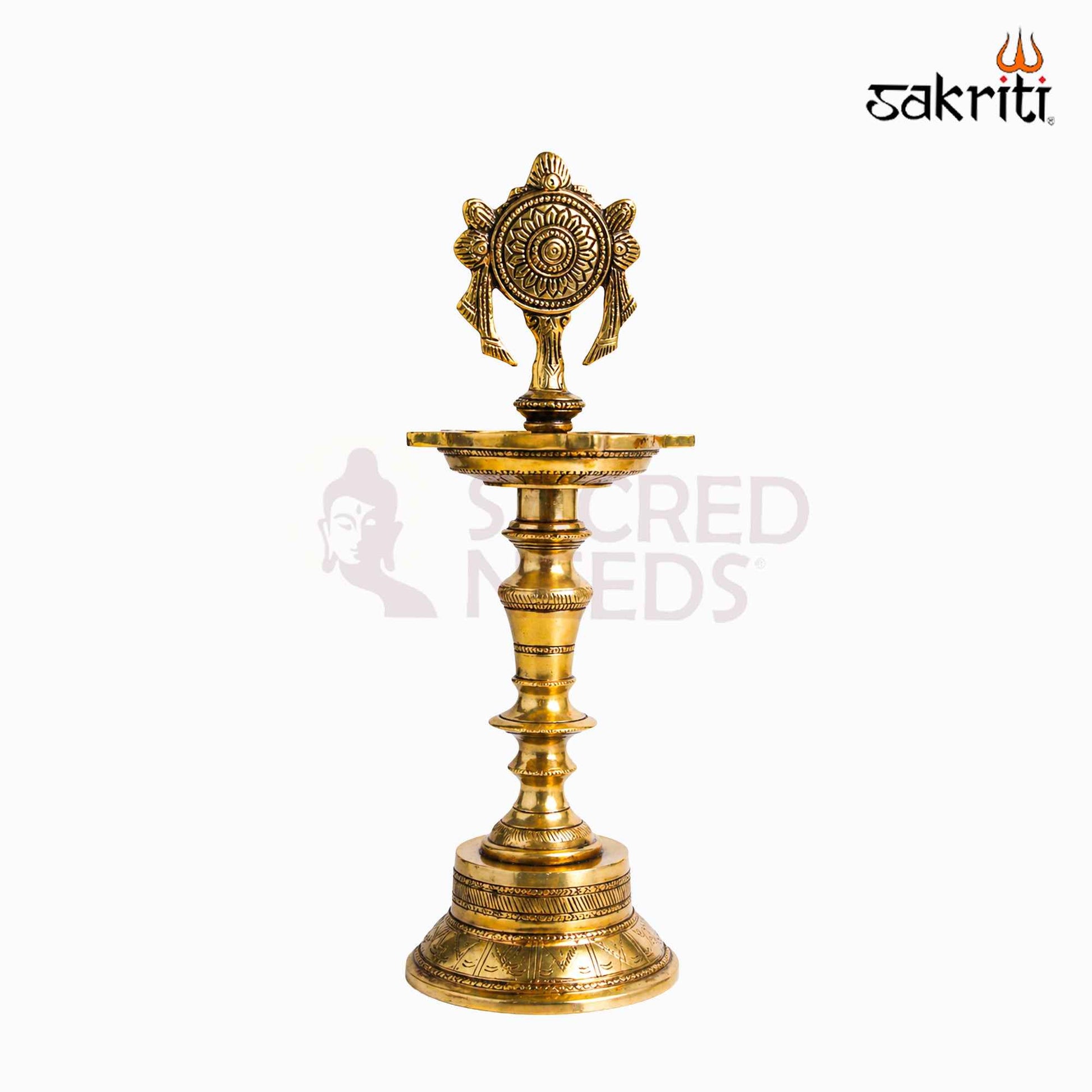 Sacred Needs Brass Chakra Lamp – 11.8 Inch (30 cm) Height | Traditional Brass Deepam for Temple, Pooja Room & Spiritual Décor
