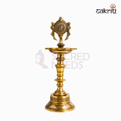 Sacred Needs Brass Chakra Lamp – 11.8 Inch (30 cm) Height | Traditional Brass Deepam for Temple, Pooja Room & Spiritual Décor