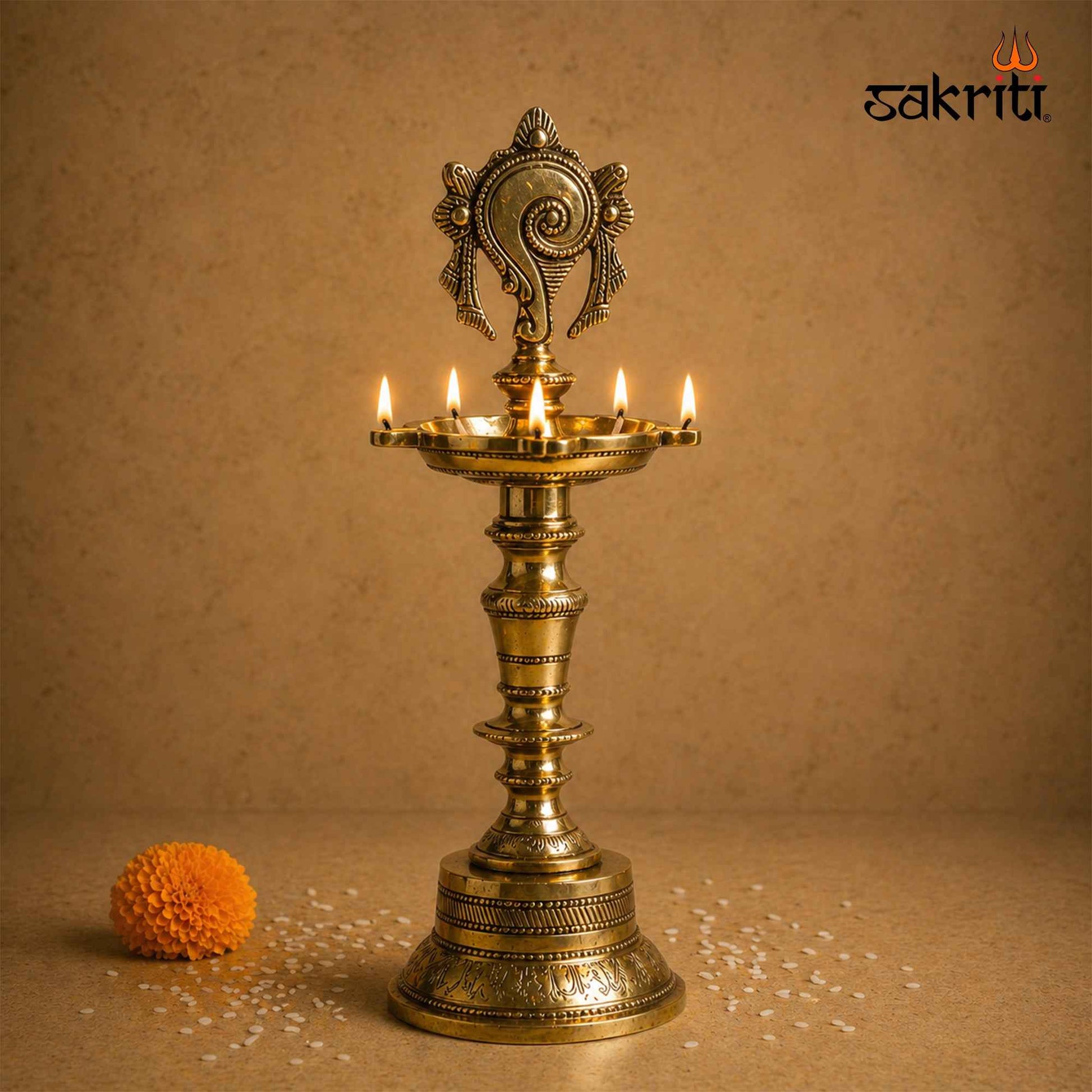 Sacred Needs Brass Shankh Lamp – 11.8 Inch (30 cm) Height | Traditional Conch Design Brass Deepam for Pooja & Temple Décor