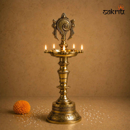 Sacred Needs Brass Shankh Lamp – 11.8 Inch (30 cm) Height | Traditional Conch Design Brass Deepam for Pooja & Temple Décor