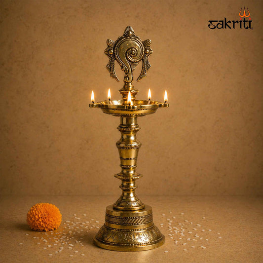 Sacred Needs Brass Shankh Lamp – 11.8 Inch (30 cm) Height | Traditional Conch Design Brass Deepam for Pooja & Temple Décor