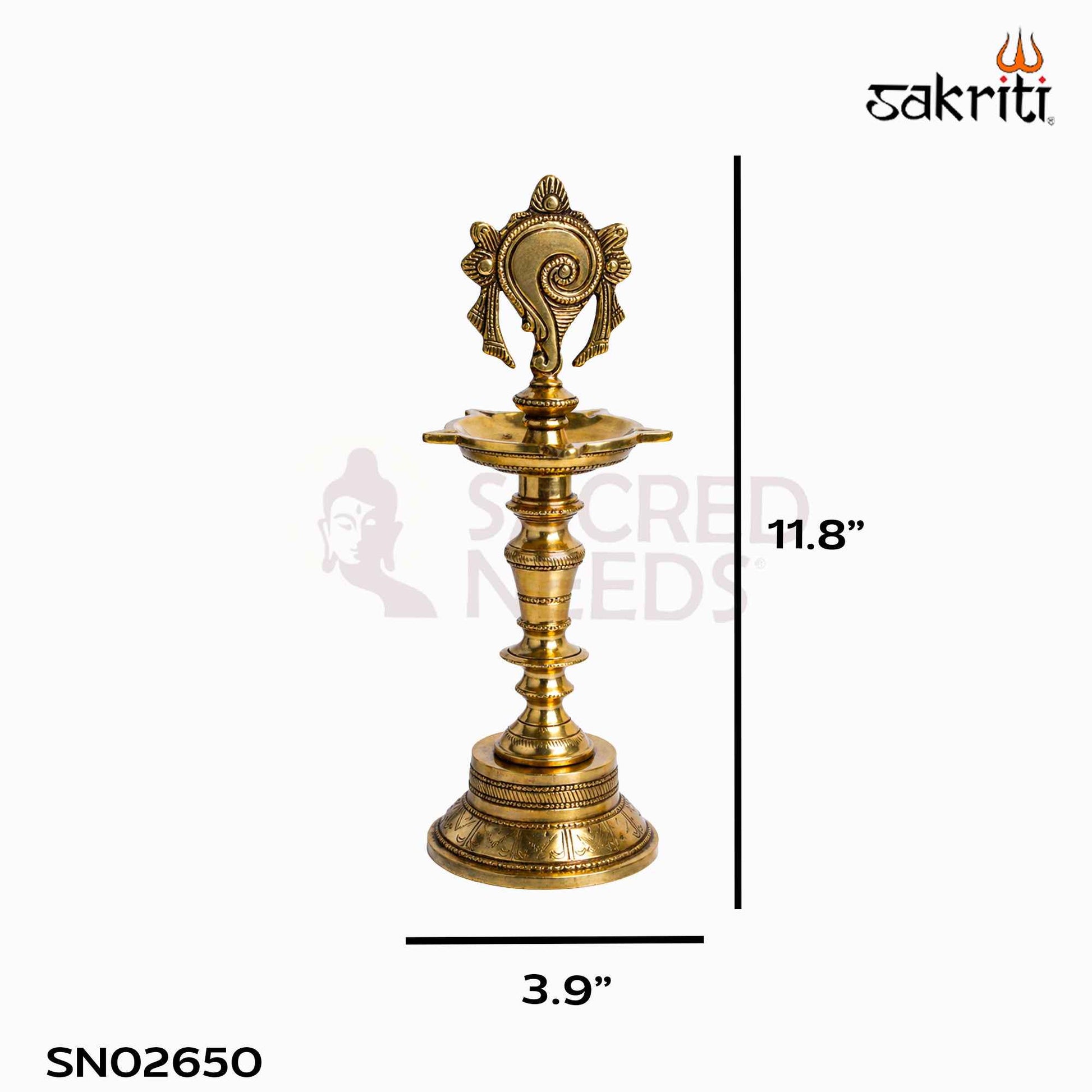 Sacred Needs Brass Shankh Lamp – 11.8 Inch (30 cm) Height | Traditional Conch Design Brass Deepam for Pooja & Temple Décor