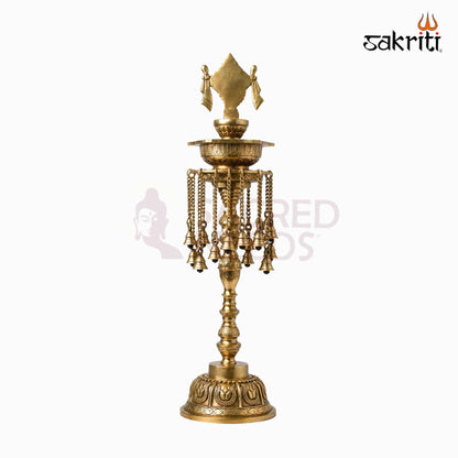 Sacred Needs Brass Shankh Lamp with Bell – 30 Inch (76.2 cm) Height | Traditional Brass Deepam Lamp for Temple, Pooja Room & Spiritual Décor