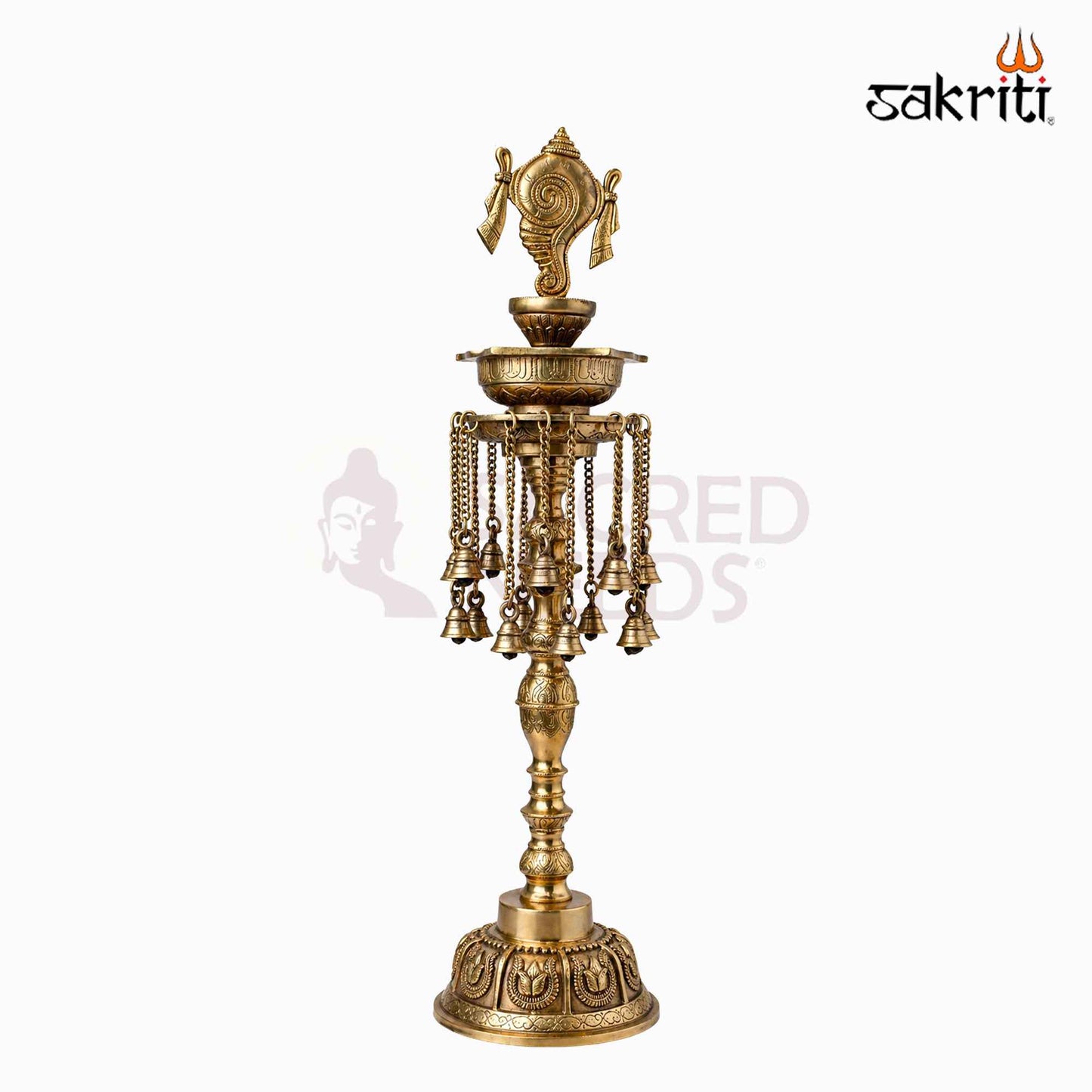 Sacred Needs Brass Shankh Lamp with Bell – 30 Inch (76.2 cm) Height | Traditional Brass Deepam Lamp for Temple, Pooja Room & Spiritual Décor