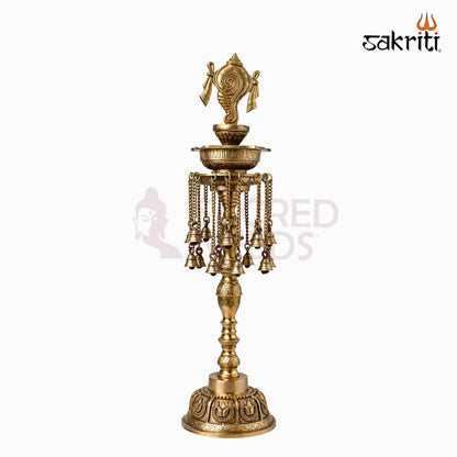 Sacred Needs Brass Shankh Lamp with Bell – 30 Inch (76.2 cm) Height | Traditional Brass Deepam Lamp for Temple, Pooja Room & Spiritual Décor
