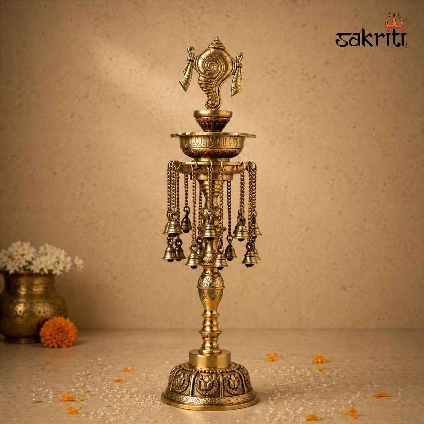 Sacred Needs Brass Shankh Lamp with Bell – 30 Inch (76.2 cm) Height | Traditional Brass Deepam Lamp for Temple, Pooja Room & Spiritual Décor