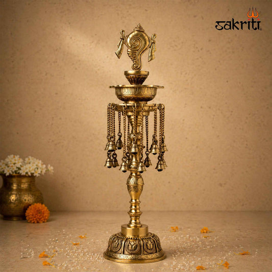 Sacred Needs Brass Shankh Lamp with Bell – 30 Inch (76.2 cm) Height | Traditional Brass Deepam Lamp for Temple, Pooja Room & Spiritual Décor