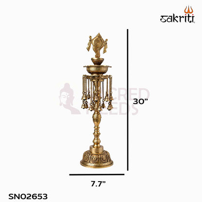 Sacred Needs Brass Shankh Lamp with Bell – 30 Inch (76.2 cm) Height | Traditional Brass Deepam Lamp for Temple, Pooja Room & Spiritual Décor