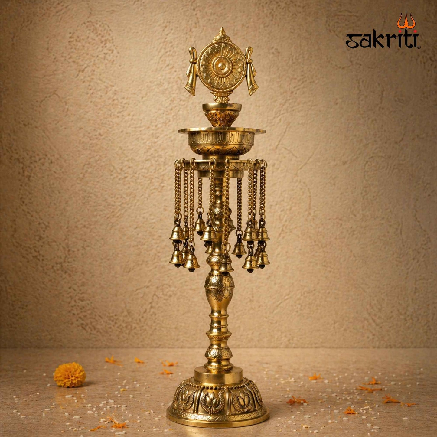 Sacred Needs Brass Chakra Lamp with Bell – 30 Inch (76.2 cm) Height | Traditional Brass Deepam for Temple, Pooja & Festive Décor