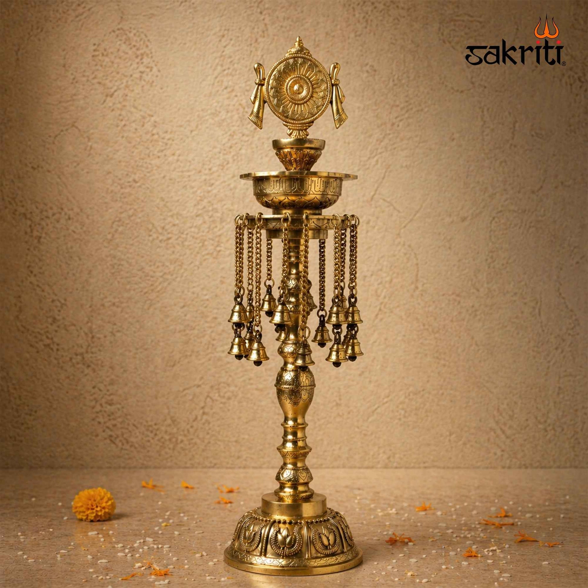 Sacred Needs Brass Chakra Lamp with Bell – 30 Inch (76.2 cm) Height | Traditional Brass Deepam for Temple, Pooja & Festive Décor