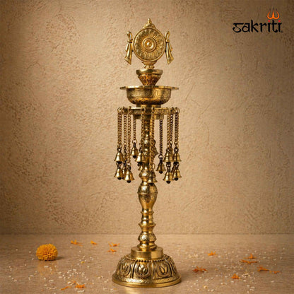 Sacred Needs Brass Chakra Lamp with Bell – 30 Inch (76.2 cm) Height | Traditional Brass Deepam for Temple, Pooja & Festive Décor