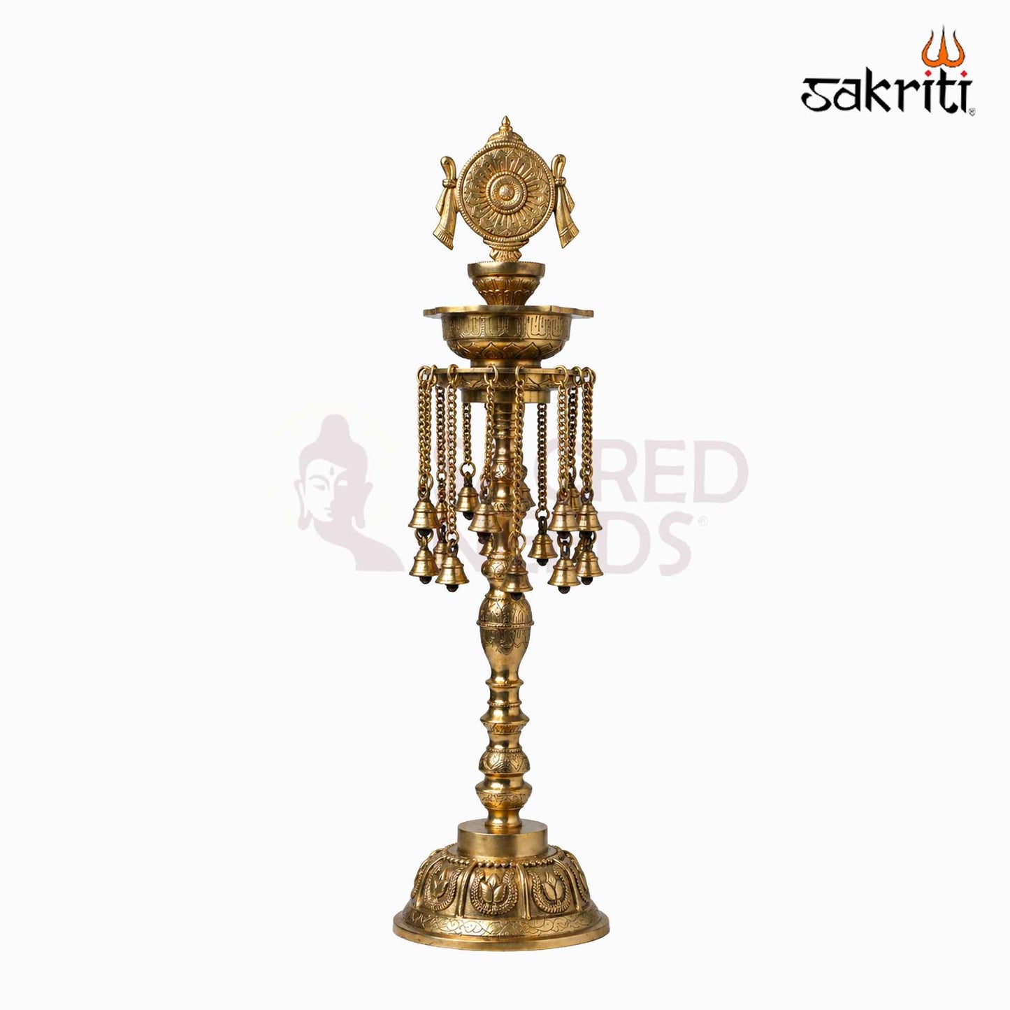 Sacred Needs Brass Chakra Lamp with Bell – 30 Inch (76.2 cm) Height | Traditional Brass Deepam for Temple, Pooja & Festive Décor