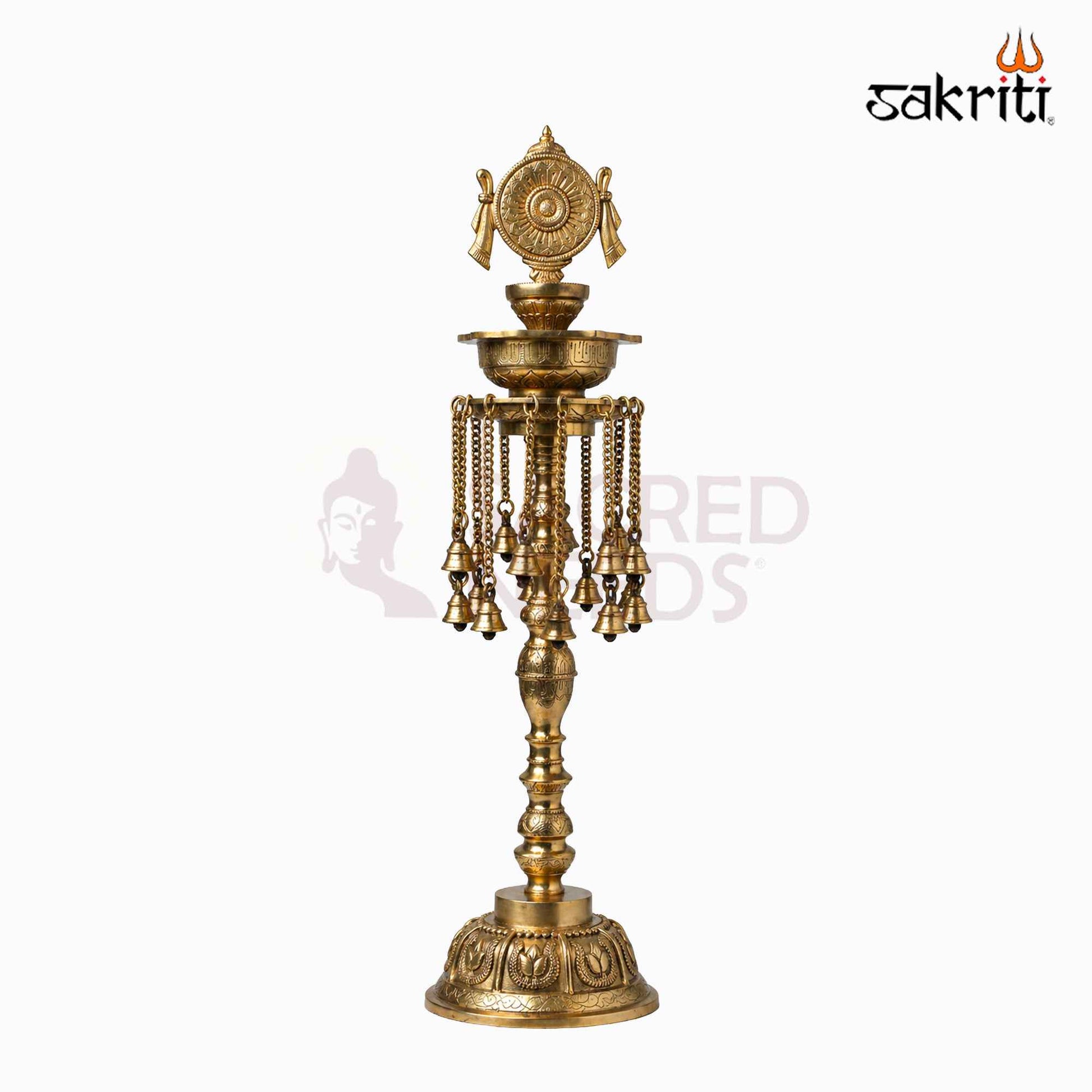 Sacred Needs Brass Chakra Lamp with Bell – 30 Inch (76.2 cm) Height | Traditional Brass Deepam for Temple, Pooja & Festive Décor