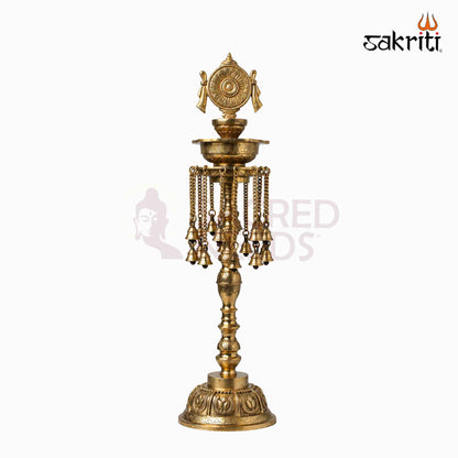 Sacred Needs Brass Chakra Lamp with Bell – 30 Inch (76.2 cm) Height | Traditional Brass Deepam for Temple, Pooja & Festive Décor