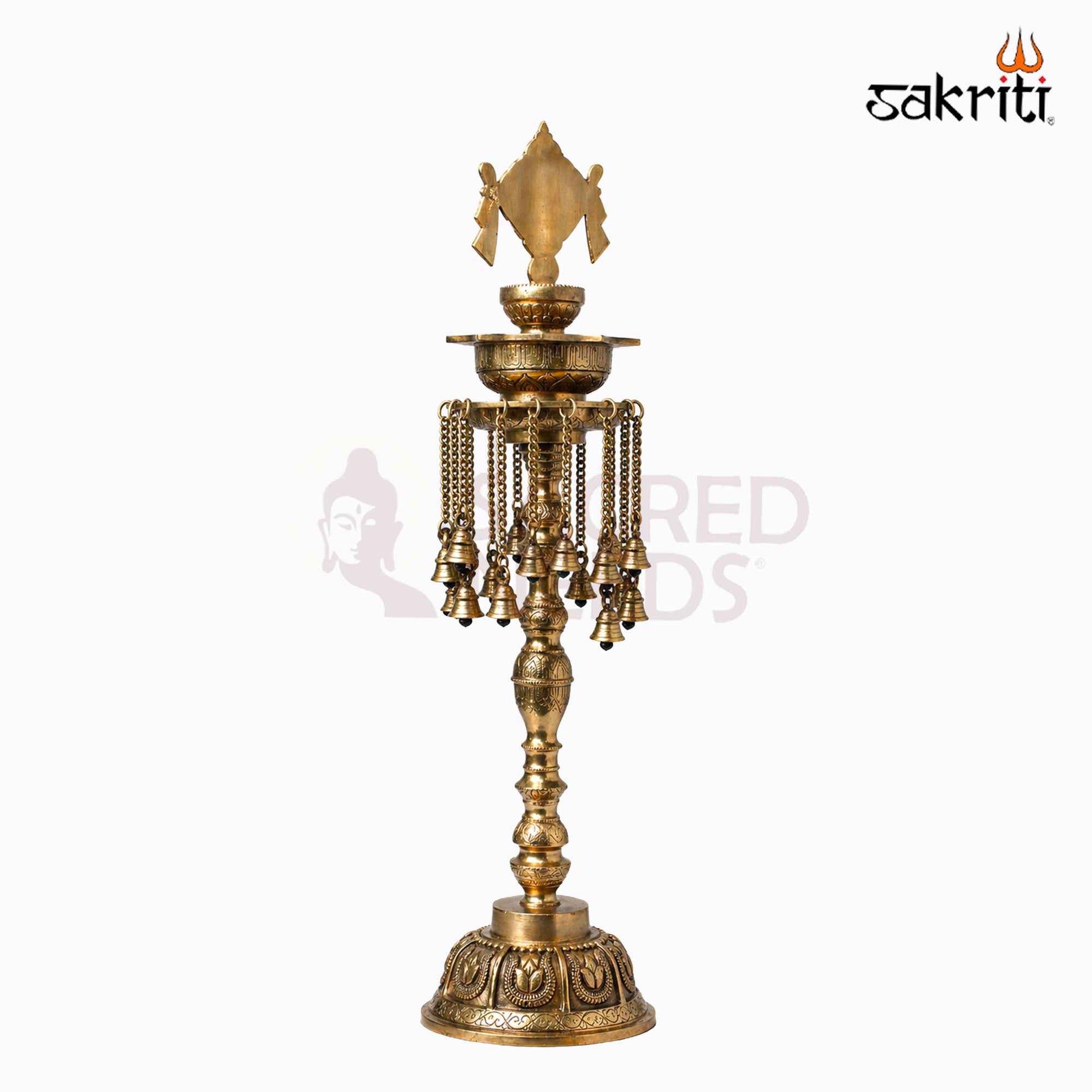 Sacred Needs Brass Chakra Lamp with Bell – 30 Inch (76.2 cm) Height | Traditional Brass Deepam for Temple, Pooja & Festive Décor