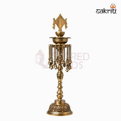 Sacred Needs Brass Chakra Lamp with Bell – 30 Inch (76.2 cm) Height | Traditional Brass Deepam for Temple, Pooja & Festive Décor