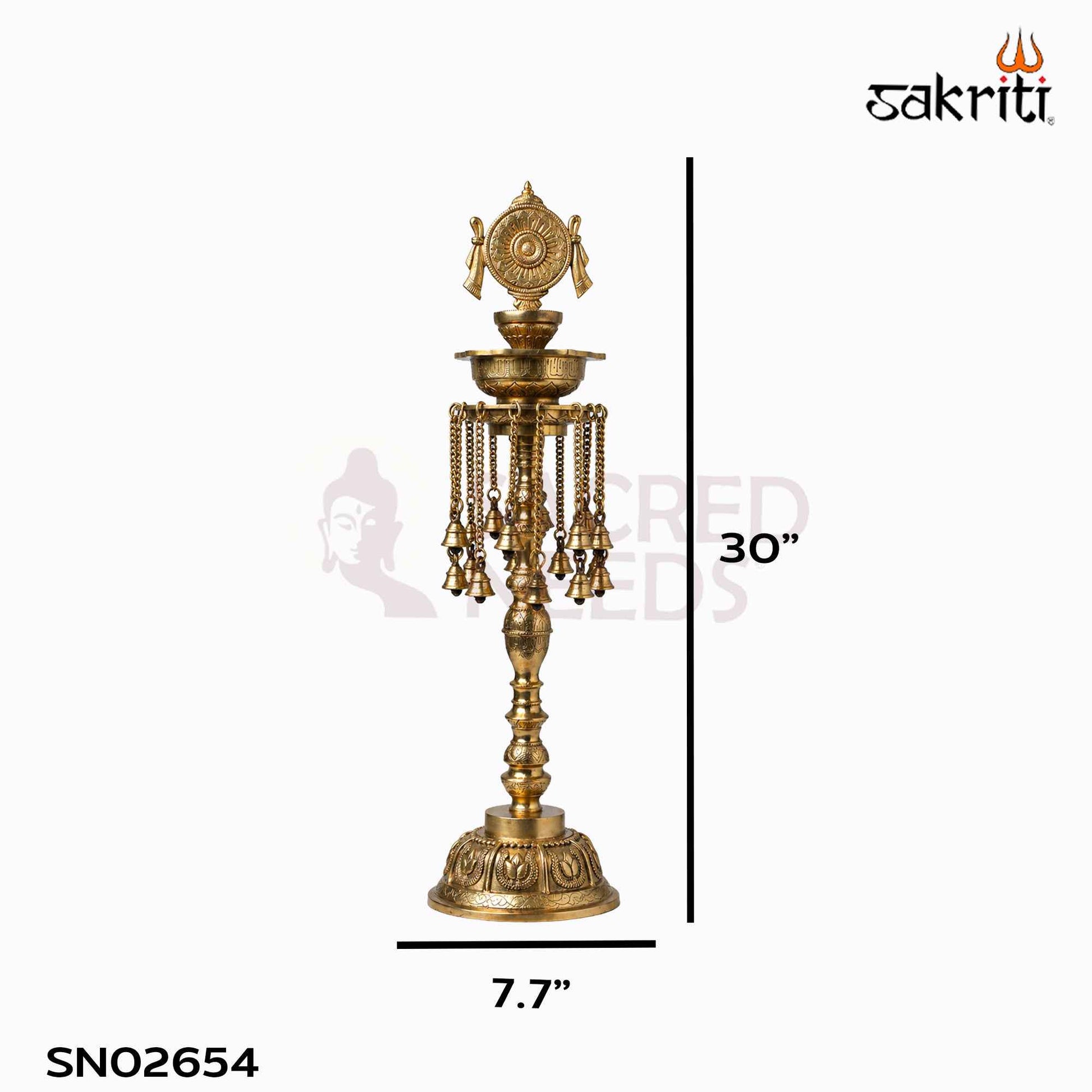 Sacred Needs Brass Chakra Lamp with Bell – 30 Inch (76.2 cm) Height | Traditional Brass Deepam for Temple, Pooja & Festive Décor