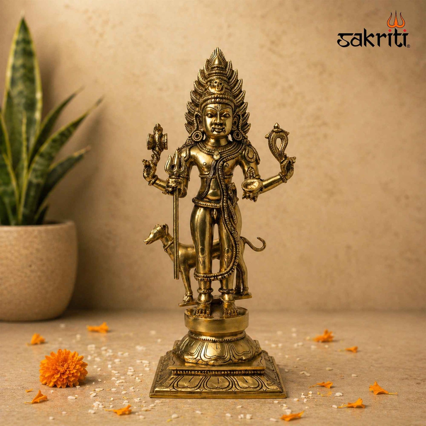 Sacred Needs Brass Bhairavar Idol – 18.3 Inch (46.5 cm) Height | Lord Kala Bhairava Brass Statue for Temple, Pooja Room & Spiritual Worship
