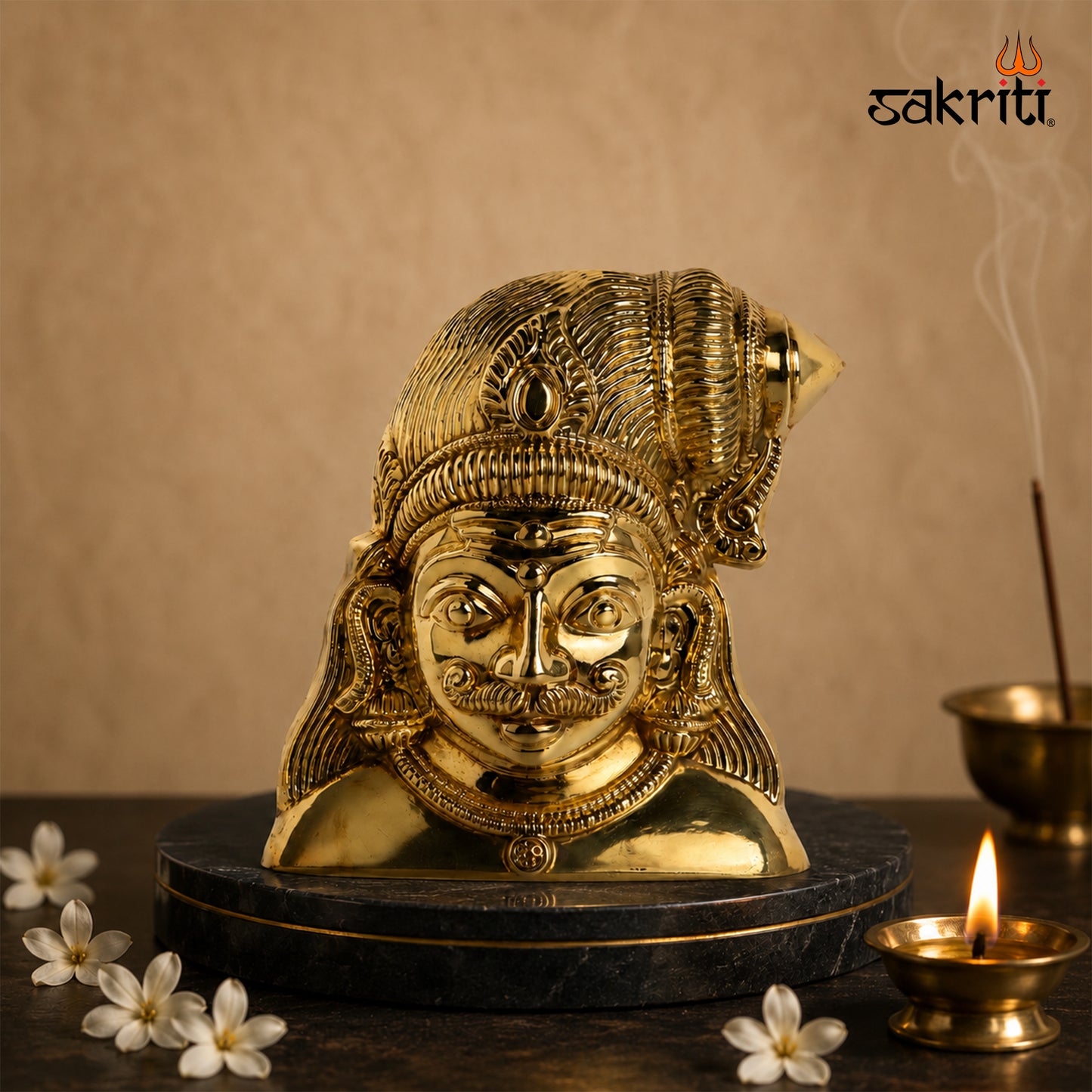 Sacred Needs Brass Maduraveeran Face Wall Mount – 8.4 Inch (21.3 cm) Height | Traditional Brass Guardian Face for Temple & Spiritual Décor