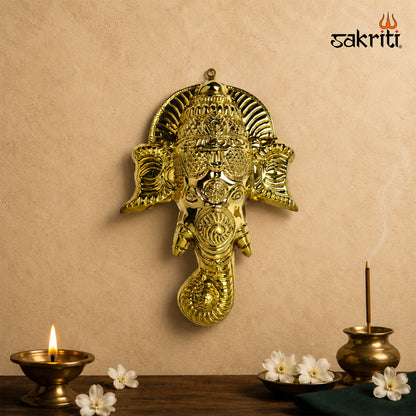 Sacred Needs Brass Ganesha Face Wall Hanging – 9.8 Inch (24.9 cm) Height | Decorative Lord Ganesha Face for Pooja Room, Entrance & Spiritual Home Décor