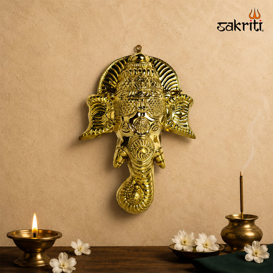 Sacred Needs Brass Ganesha Face Wall Hanging – 9.8 Inch (24.9 cm) Height | Decorative Lord Ganesha Face for Pooja Room, Entrance & Spiritual Home Décor
