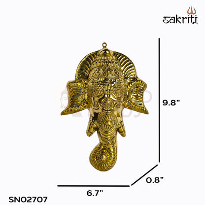 Sacred Needs Brass Ganesha Face Wall Hanging – 9.8 Inch (24.9 cm) Height | Decorative Lord Ganesha Face for Pooja Room, Entrance & Spiritual Home Décor