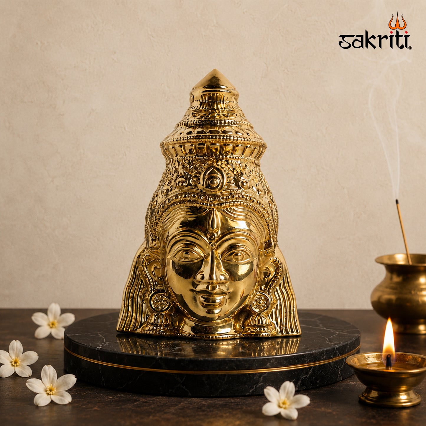 Sacred Needs Brass Lakshmi Face Wall Mount – 7.4 Inch (18.8 cm) Height | Decorative Goddess Lakshmi Face for Temple & Home Décor
