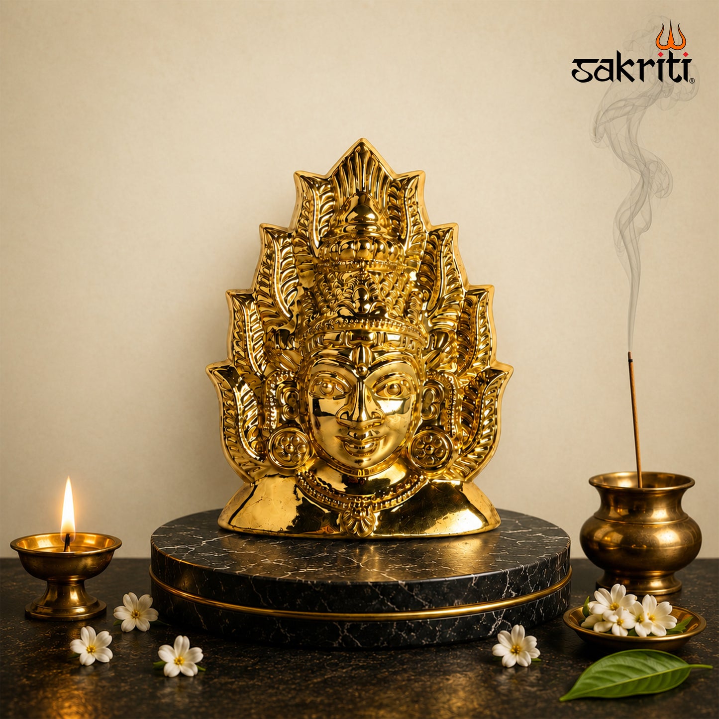 Sacred Needs Brass Amman Face Wall Hanging – 8.7 Inch (22.1 cm) Height | Decorative Goddess Face for Pooja Room, Temple & Spiritual Home Décor
