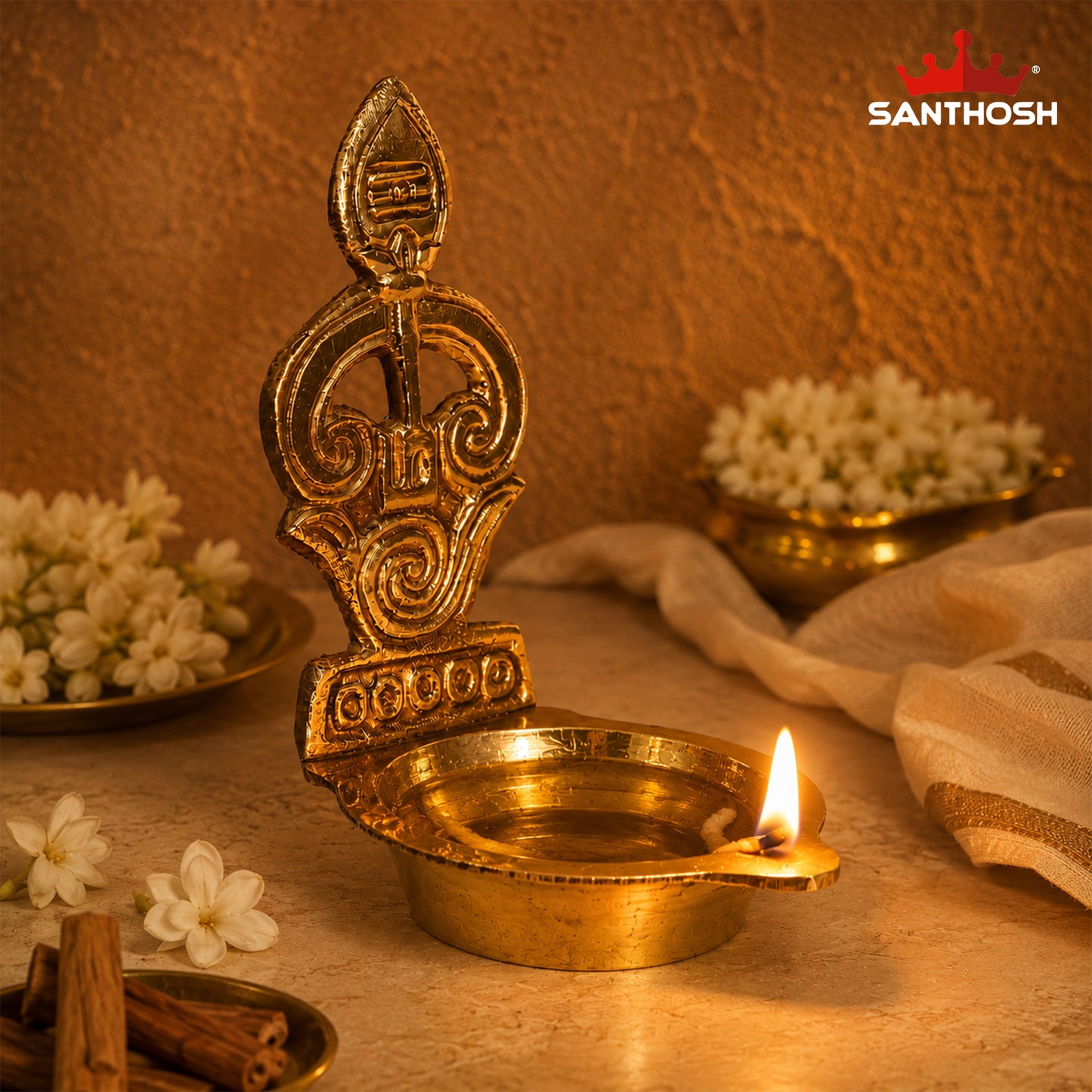 Sacred Needs Brass Tamil Om Vel Vilakku – 4.6 Inch (11.7 cm) Height | Traditional Brass Deepam Lamp for Pooja, Temple & Spiritual Décor