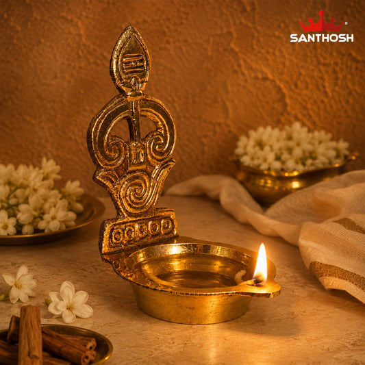 Sacred Needs Brass Tamil Om Vel Vilakku – 4.6 Inch (11.7 cm) Height | Traditional Brass Deepam Lamp for Pooja, Temple & Spiritual Décor