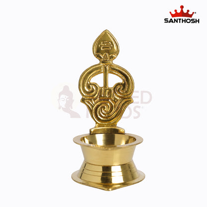 Sacred Needs Brass LF Tamil Om Vel Vilakku – 4.6 Inch (11.7 cm) Height | Decorative Brass Deepam Lamp for Temple & Home Pooja