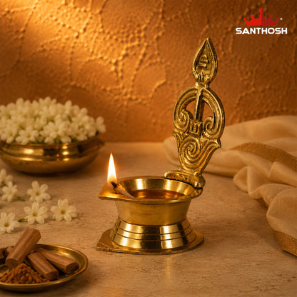 Sacred Needs Brass LF Tamil Om Vel Vilakku – 4.6 Inch (11.7 cm) Height | Decorative Brass Deepam Lamp for Temple & Home Pooja