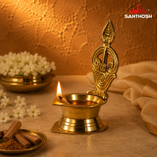 Sacred Needs Brass LF Tamil Om Vel Vilakku – 4.6 Inch (11.7 cm) Height | Decorative Brass Deepam Lamp for Temple & Home Pooja
