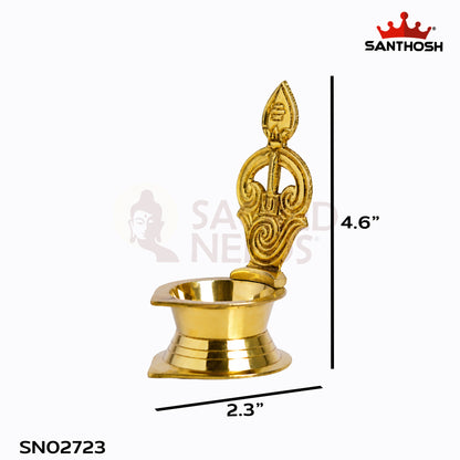 Sacred Needs Brass LF Tamil Om Vel Vilakku – 4.6 Inch (11.7 cm) Height | Decorative Brass Deepam Lamp for Temple & Home Pooja