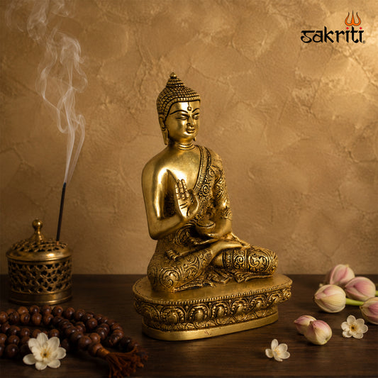 Sacred Needs Brass Buddha Idol – 8.5 Inch (21.6 cm) Height | Meditating Buddha Statue for Home Décor, Meditation & Spiritual Serenity