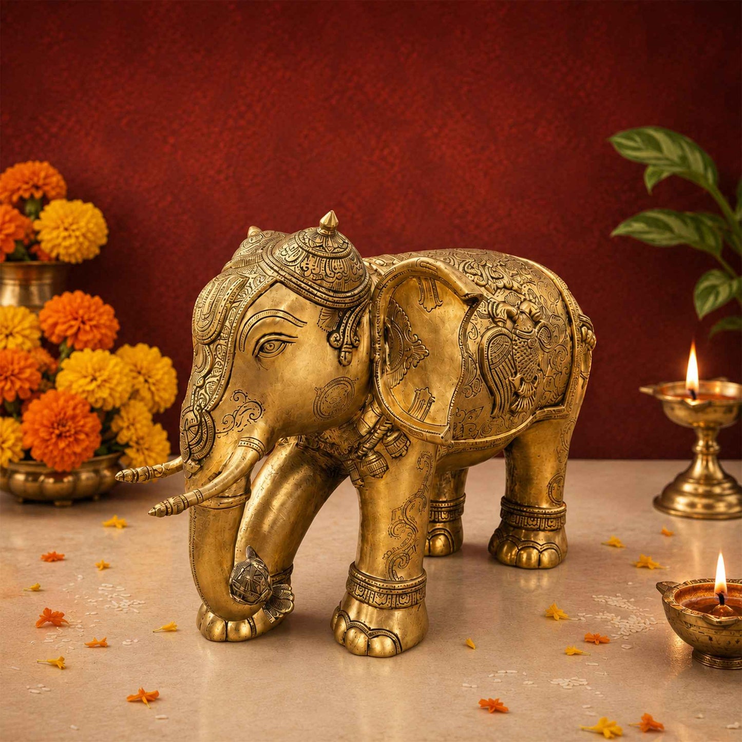 Sacred Needs Brass Elephant Statue – 15.5 Inch (39.4 cm) Height | Decorative Brass Elephant Idol for Home Décor, Entrance, Office & Traditional Interiors