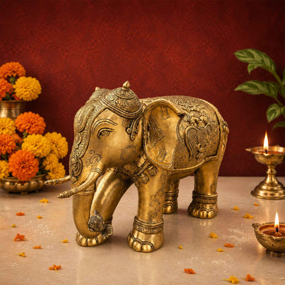 Sacred Needs Brass Elephant Statue – 15.5 Inch (39.4 cm) Height | Decorative Brass Elephant Idol for Home Décor, Entrance, Office & Traditional Interiors