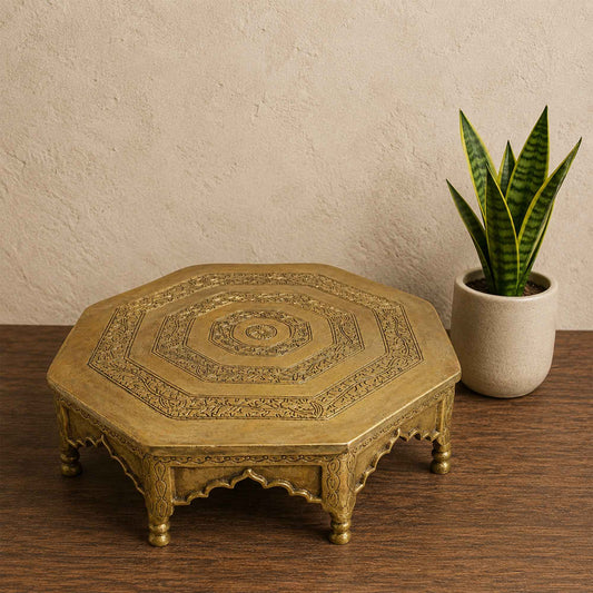 Sacred Needs Brass Octagon Table – 4 Inch (10.2 cm) Height | Traditional Brass Chowki Stand for Idols, Pooja Room, Temple & Home Décor
