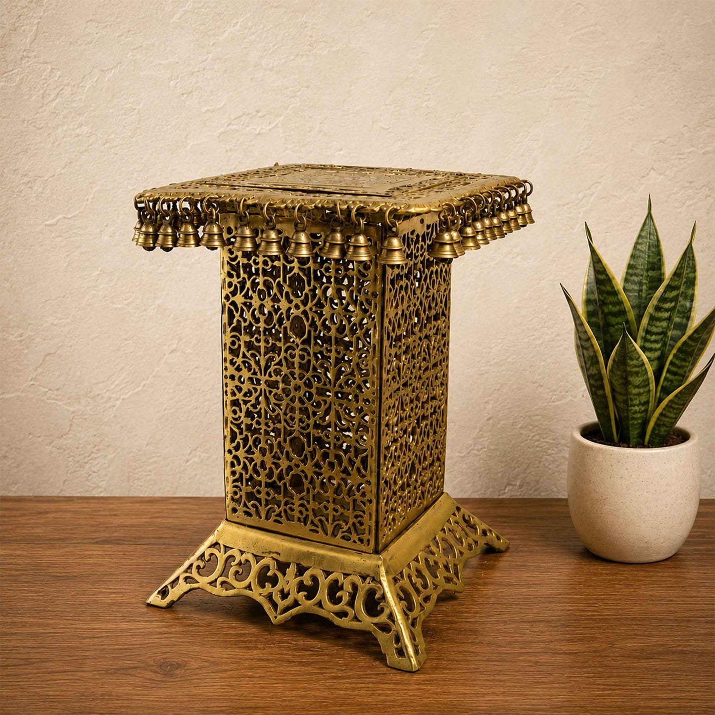 Sacred Needs Brass Table with Bell – 20 Inch (50.8 cm) Height | Traditional Brass Hanging Bell Stand for Temple, Pooja Room & Spiritual Décor